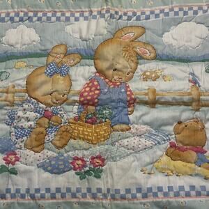 Vintage Quilted Embroidered Kitschy Baby‎ Blanket 34 x 43 Pastels Bunny Cottage